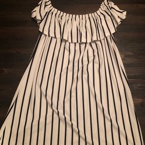 White with black stripe off shoulder mini dress